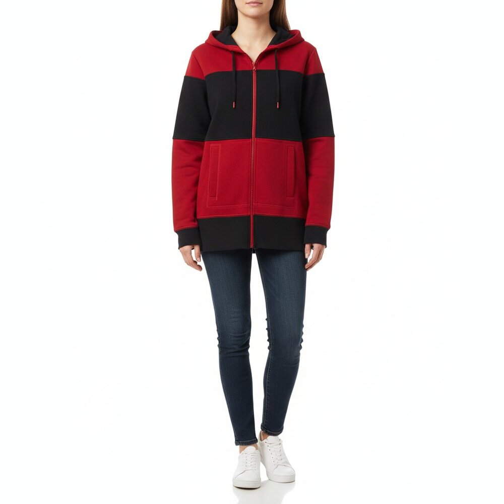 Norma Kamali Brand Black and Red Hooded Zip Jacket with Side Pockets - L